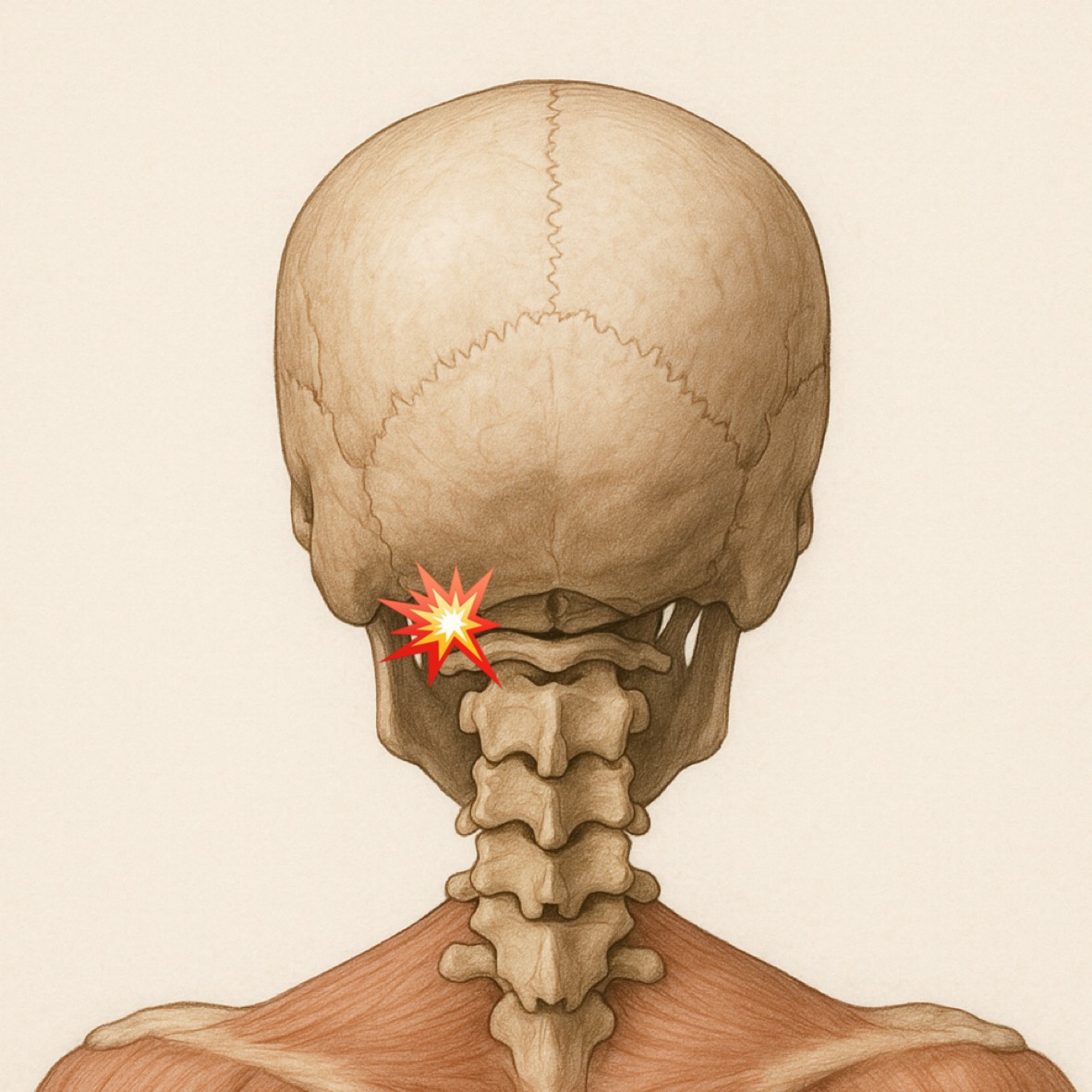 Anatomical image of the joint between the atlas (C1) and occipital bone